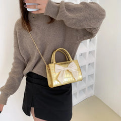 Women's Bow Top-handle Crocodile Pattern Purse Chain Messenger Bag