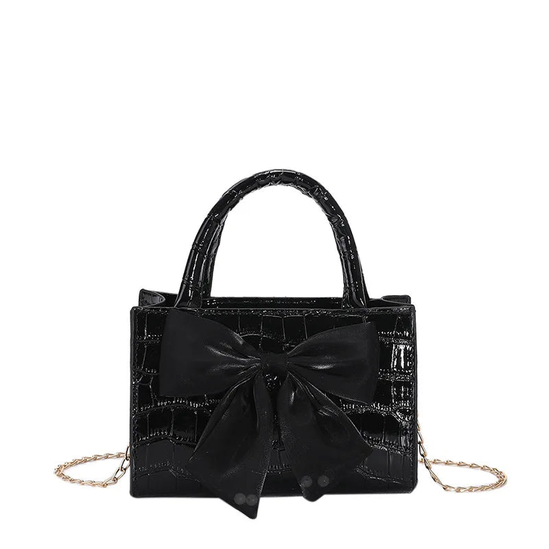 Women's Bow Top-handle Crocodile Pattern Purse Chain Messenger Bag