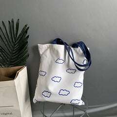 Canvas Cloud Print Tote Bag Cotton Cloth Shoulder Shopper Bag For Women