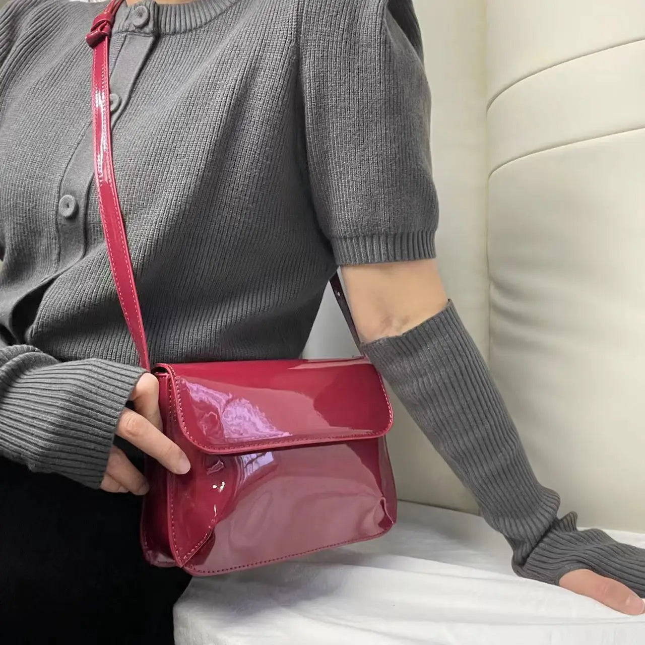 Vintage Patent Leather Messenger Bag Red Women Shoulder Bag