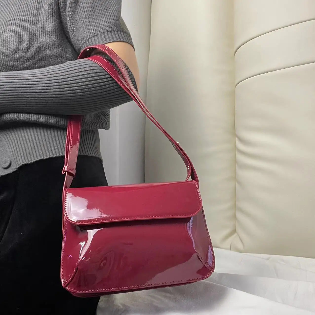 Vintage Patent Leather Messenger Bag Red Women Shoulder Bag