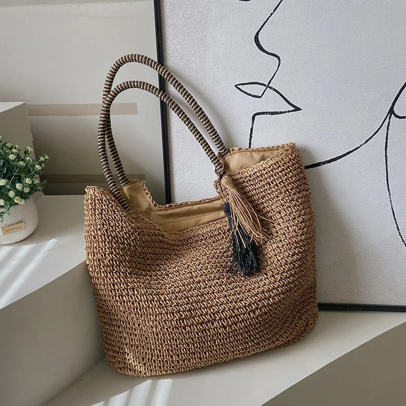 Straw Tassel Side Bag for Women High Capacity Shoulder Bag Lady Handbag Beach