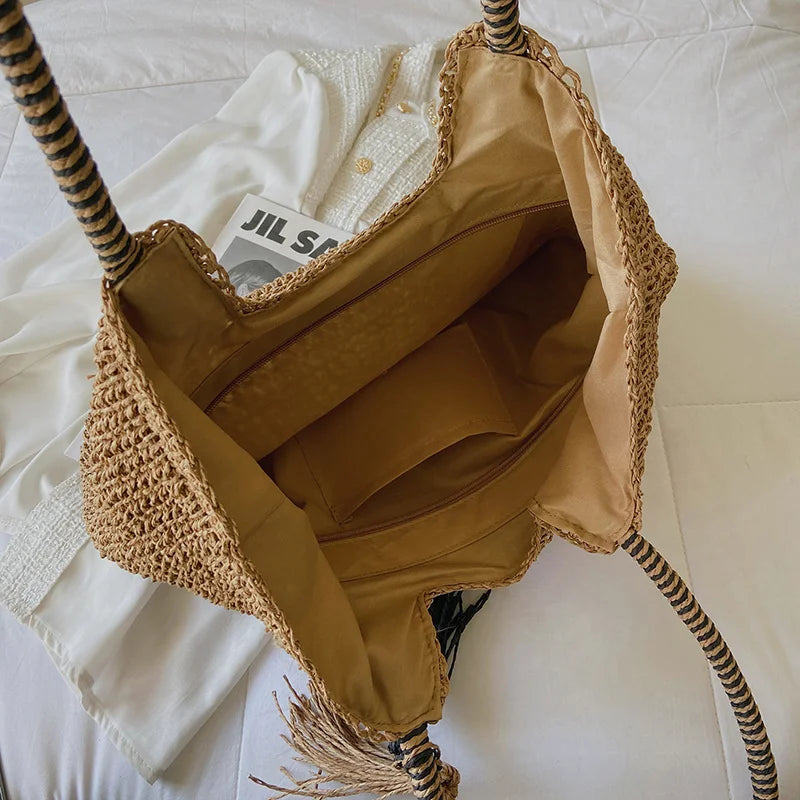 Straw Tassel Side Bag for Women High Capacity Shoulder Bag Lady Handbag Beach