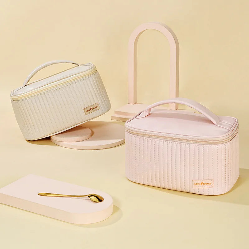 Women's Leather Travel Toiletry Case Bag Ice Cream Organizer Box