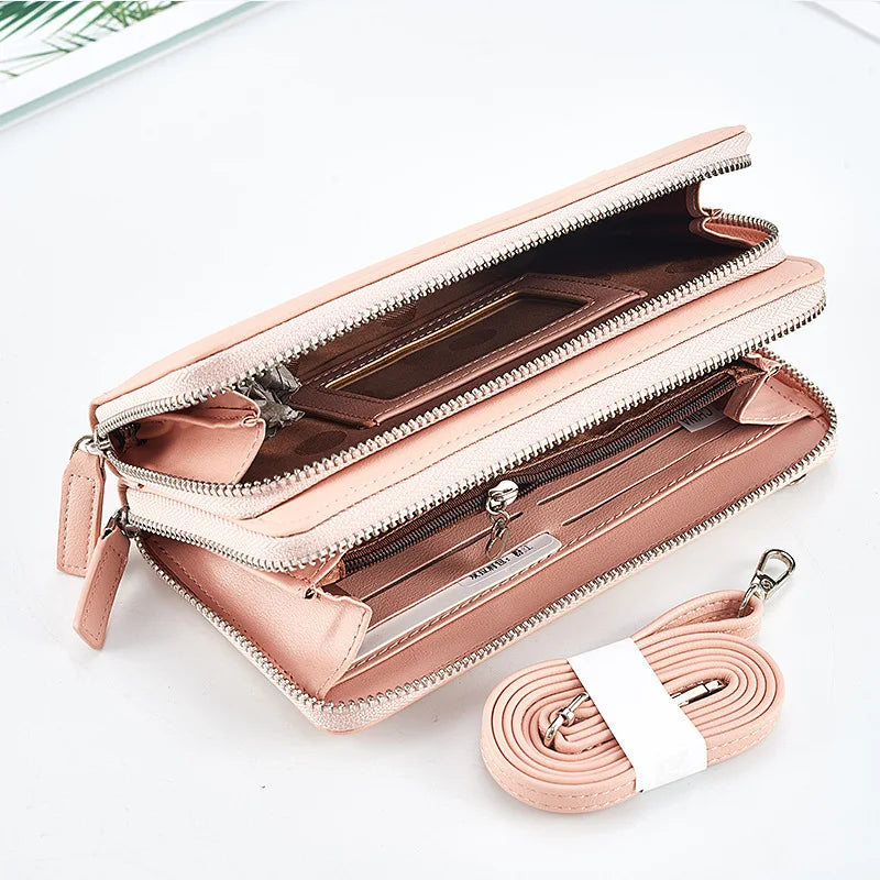 Ladies Long Purse Multifunctional Phone Bag Double Zipper Shoulder Bag