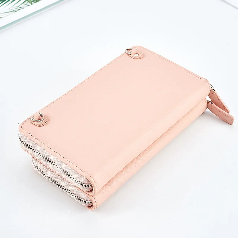 Ladies Long Purse Multifunctional Phone Bag Double Zipper Shoulder Bag