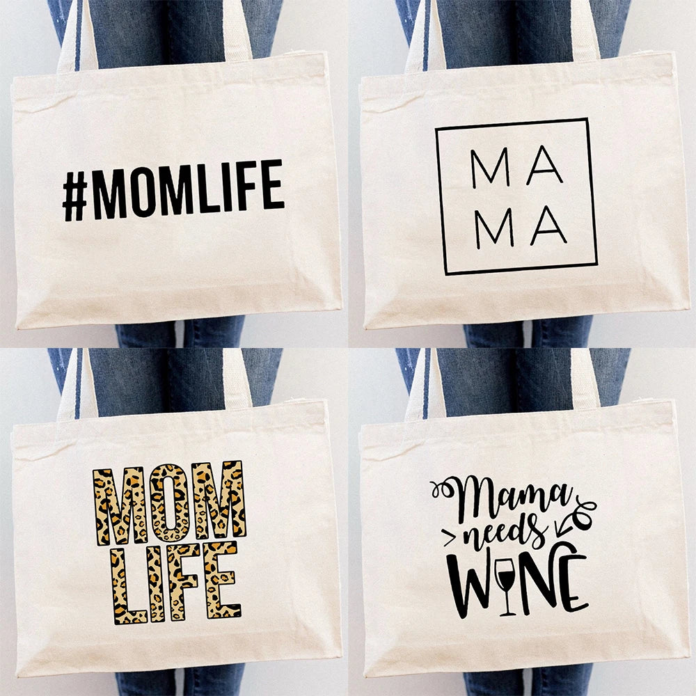 Mom Life Canvas Shopping Bags Tote Shoulder Bags Casual Totes Handbag