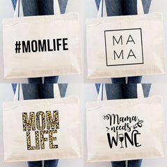Mom Life Canvas Shopping Bags Tote Shoulder Bags Casual Totes Handbag
