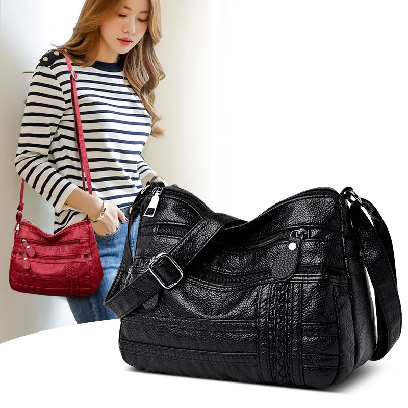 Women's Multi-pocket Messenger Bag Soft PU Leather Shoulder Bag