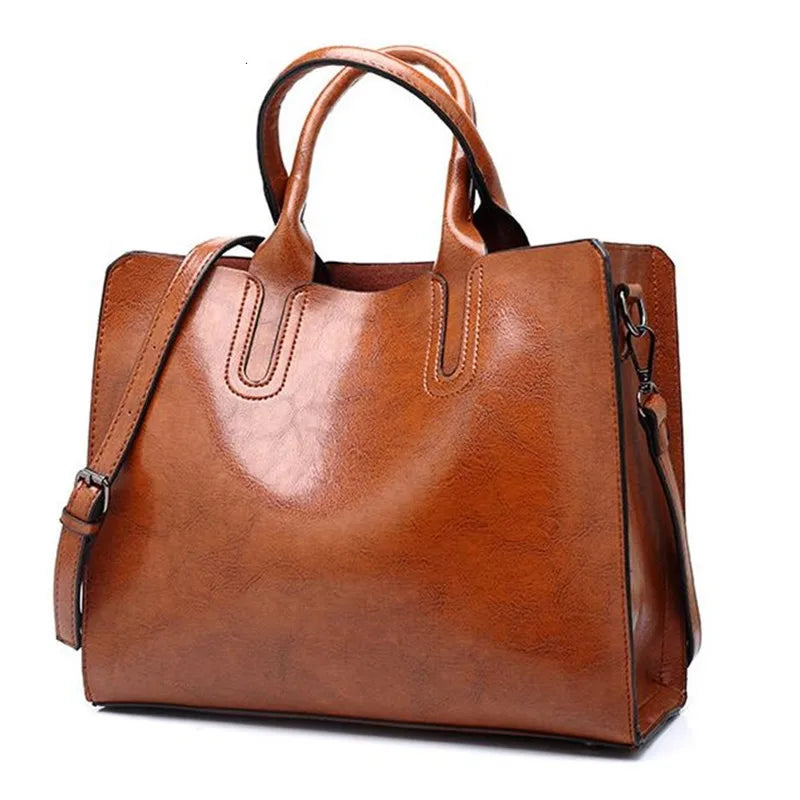 Women's Oil Wax Leather Handbag Famous Trunk Tote Travel Shoulder Bag
