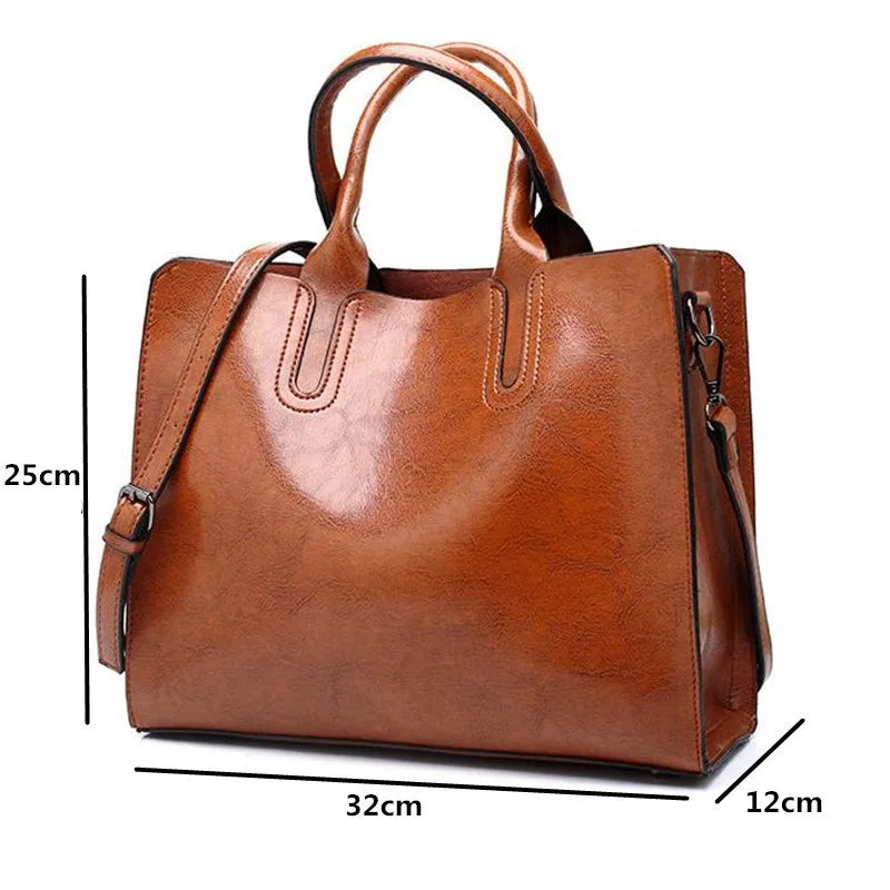Women's Oil Wax Leather Handbag Famous Trunk Tote Travel Shoulder Bag