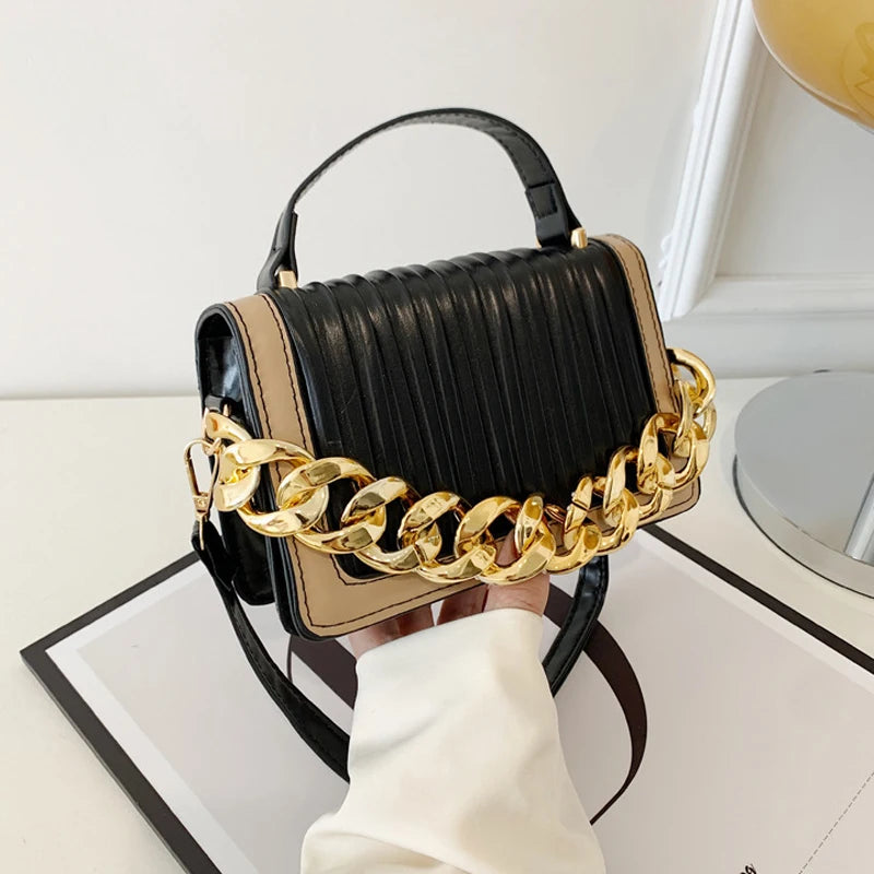 Women's Small PU Flap Handbag with Chain Crossbody, Pleated Shoulder Bag