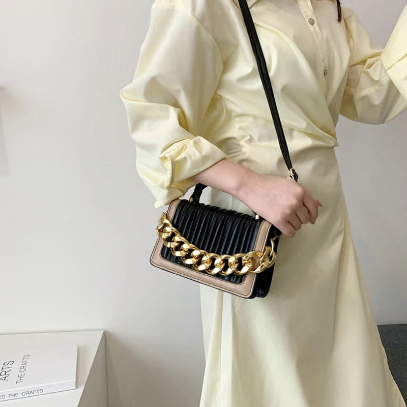 Women's Small PU Flap Handbag with Chain Crossbody, Pleated Shoulder Bag