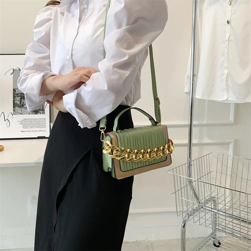 Women's Small PU Flap Handbag with Chain Crossbody, Pleated Shoulder Bag