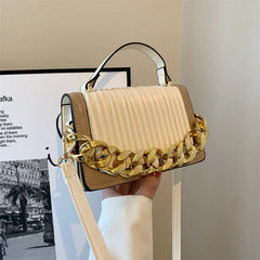 Women's Small PU Flap Handbag with Chain Crossbody, Pleated Shoulder Bag