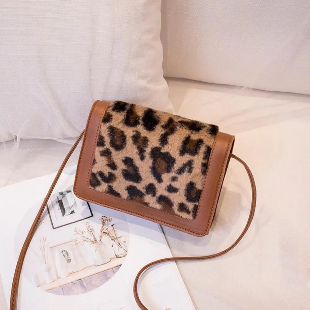 Leopard Print Rabbit Fur Phone Pouch Crossbody Bag