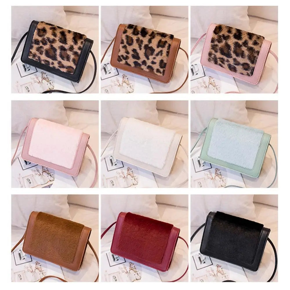 Leopard Print Rabbit Fur Phone Pouch Crossbody Bag