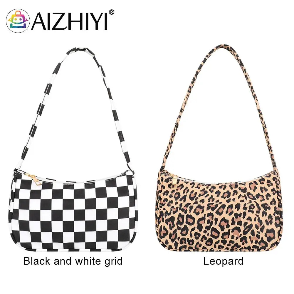Ladies Retro Plaid Leopard Print Nylon Shoulder Bag