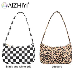 Ladies Retro Plaid Leopard Print Nylon Shoulder Bag