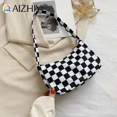 Ladies Retro Plaid Leopard Print Nylon Shoulder Bag