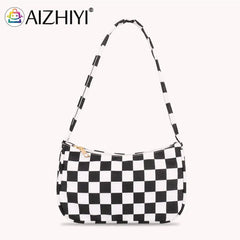 Ladies Retro Plaid Leopard Print Nylon Shoulder Bag