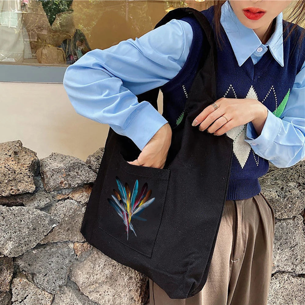 Feather Print Canvas Crossbody Tote Bag