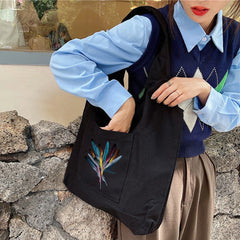 Feather Print Canvas Crossbody Tote Bag