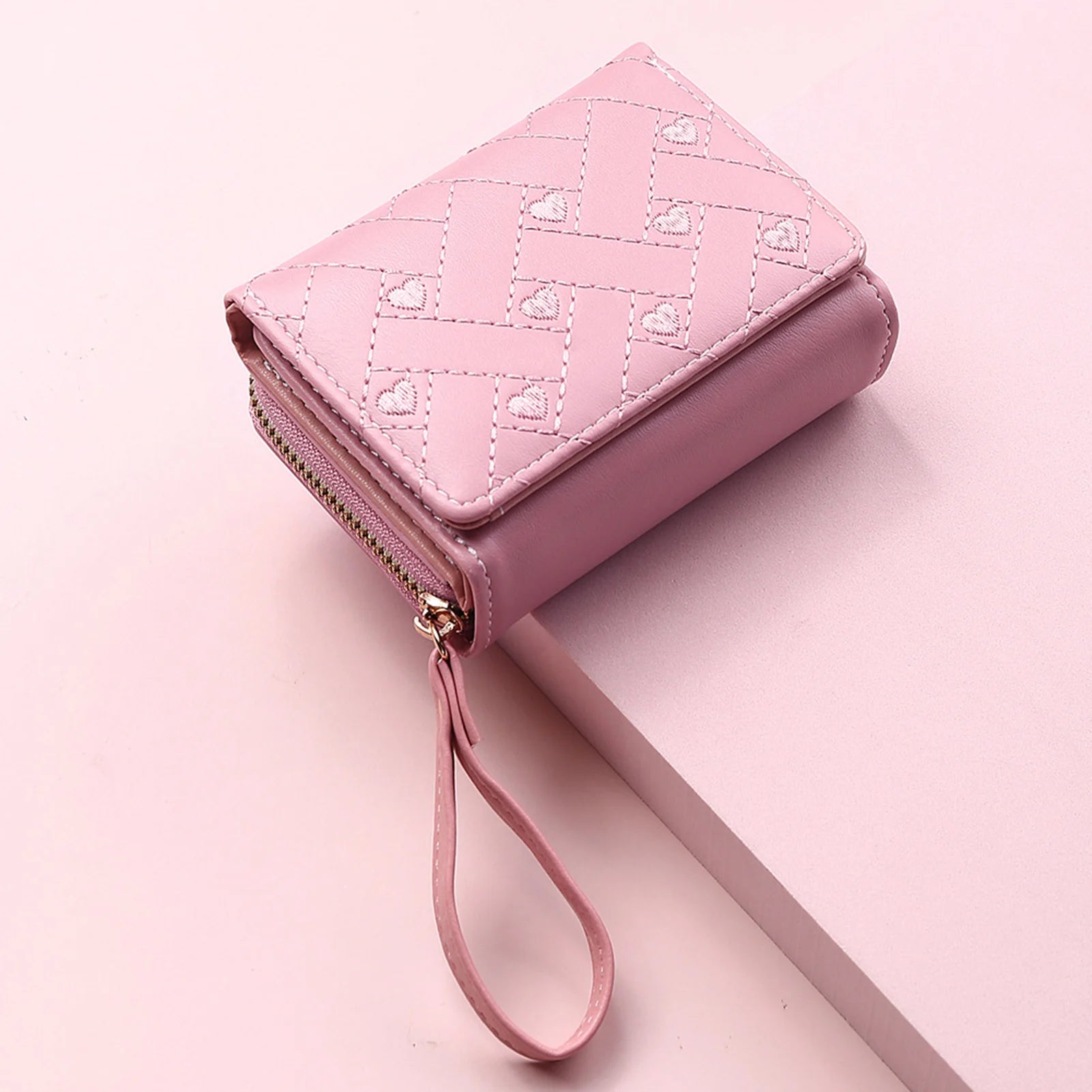 Ladies Heart Embroidered Short Zip Wallet for Office Business Travel