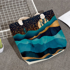 Linen Shopper Beach Shoulder Bag Oil Painting Mountain Print Tote