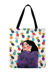 Gril Printed Tote Bag Shoulder Bag Painting Art Linen Fabric Reusable Shopping B