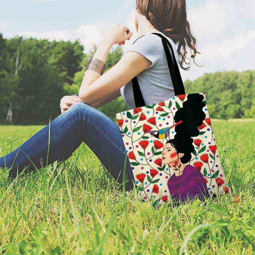 Gril Printed Tote Bag Shoulder Bag Painting Art Linen Fabric Reusable Shopping B