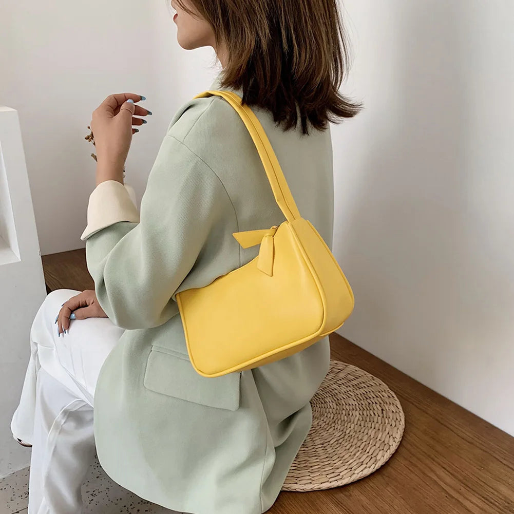 Ladies Soft PU Leather Underarm Bag Solid Women Small Vintage Handbags