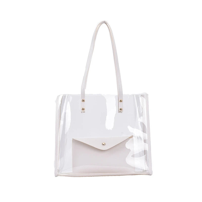 Ladies Transparent PVC Shopping Bag + Pu Shoulder Bag Large Capacity