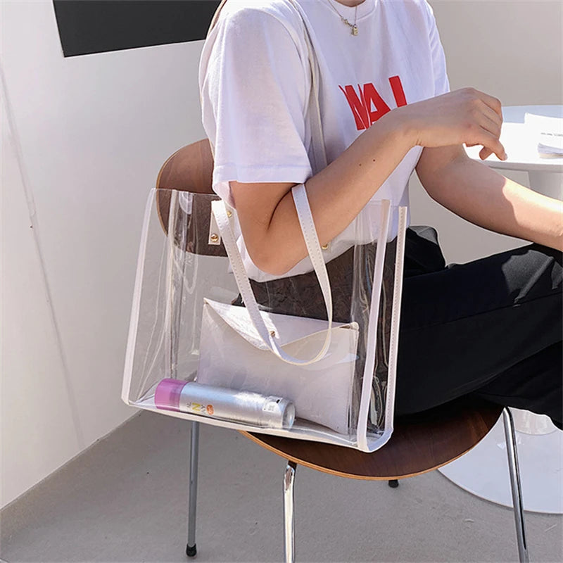 Ladies Transparent PVC Shopping Bag + Pu Shoulder Bag Large Capacity