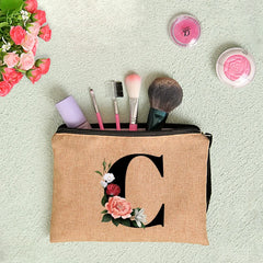 Linen Clutch Bag Letter Print Wristlet Travel Cosmetic Case Makeup Bag