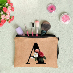 Linen Clutch Bag Letter Print Wristlet Travel Cosmetic Case Makeup Bag