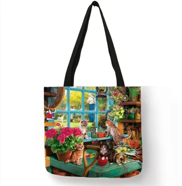 Cartoon Cat Tote Bag Waterproof Canvas Shopping Handbag
