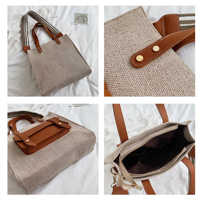 Ladies Shoulder Bag Wide Strap Handbag Casual Linen Large Capacity Tote