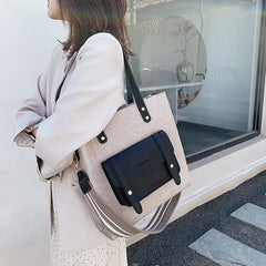 Ladies Shoulder Bag Wide Strap Handbag Casual Linen Large Capacity Tote