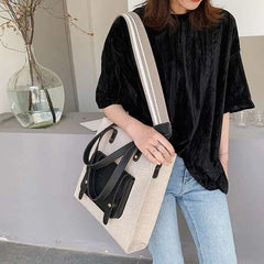 Ladies Shoulder Bag Wide Strap Handbag Casual Linen Large Capacity Tote