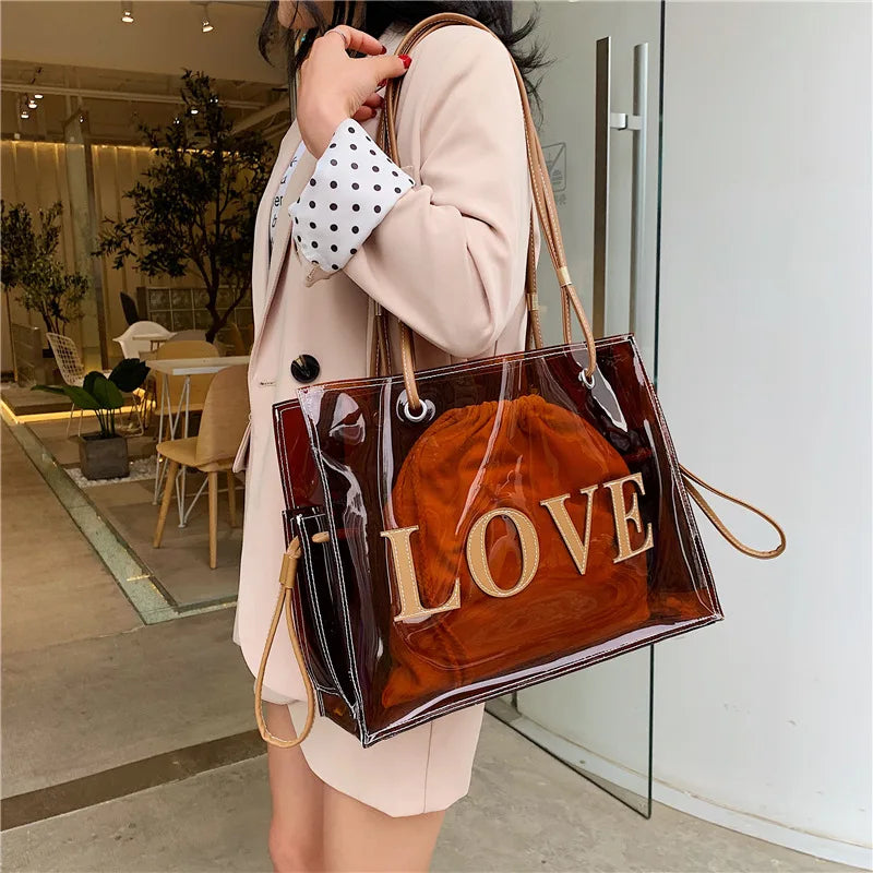 Clear Jelly Shoulder Bag with Letter Printing, Large Capacity