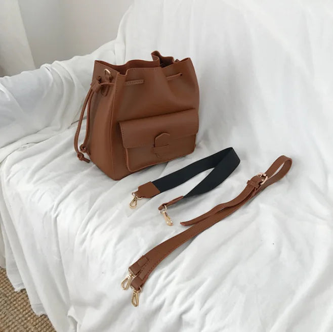 Wide Shoulder Strap Bucket Bag Retro PU Leather Handbag Wallet
