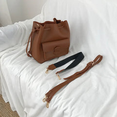 Wide Shoulder Strap Bucket Bag Retro PU Leather Handbag Wallet