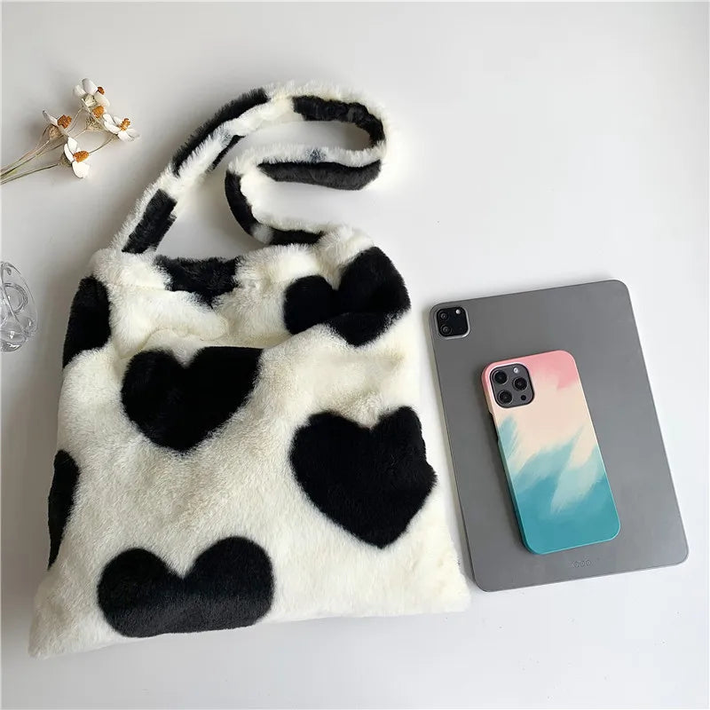 Winter Heart Print Faux Fur Shoulder Bag Soft Fluffy Tote Underarm Purse