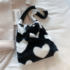 Winter Heart Print Faux Fur Shoulder Bag Soft Fluffy Tote Underarm Purse