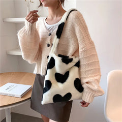 Winter Heart Print Faux Fur Shoulder Bag Soft Fluffy Tote Underarm Purse