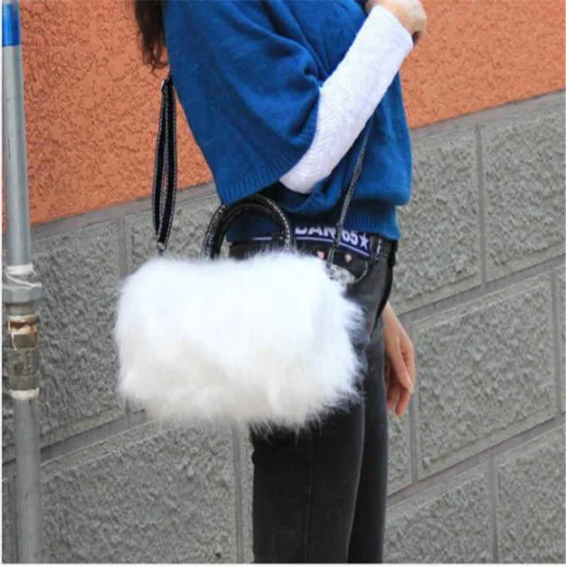 Faux Rabbit Fur Shoulder Messenger Bag Tote Women Long Fur Handbag