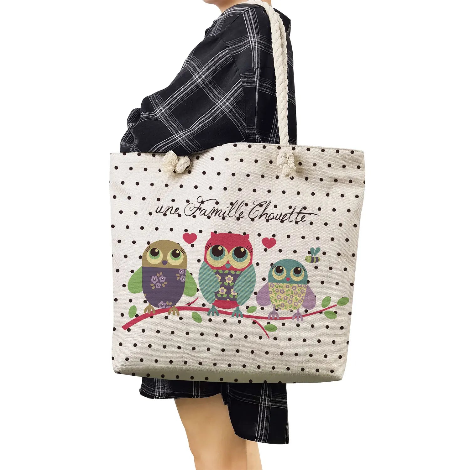 Owl Print Large Reusable Shopping Bags Thick Rope Linen Beach Handbags