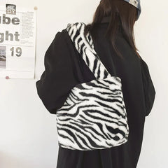 Lady Soft Leopard Totes Fluffy Plush Messenger Bag Women Book Shoulder Bags