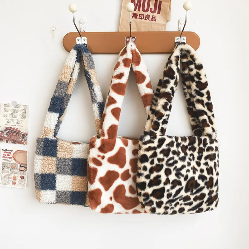 Lady Soft Leopard Totes Fluffy Plush Messenger Bag Women Book Shoulder Bags